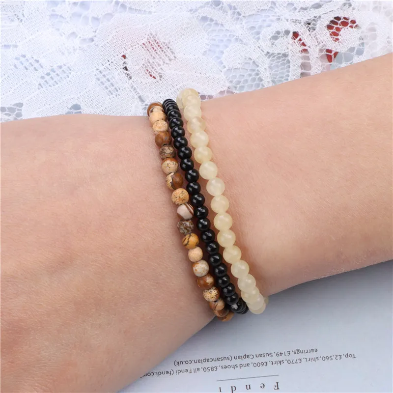 3Pcs/Set 4mm Natural Stone Bracelet Pink Quartzs Jaspers Rhodonite Beads Bracelets For Women Men Jewelry Gift Healing Energy