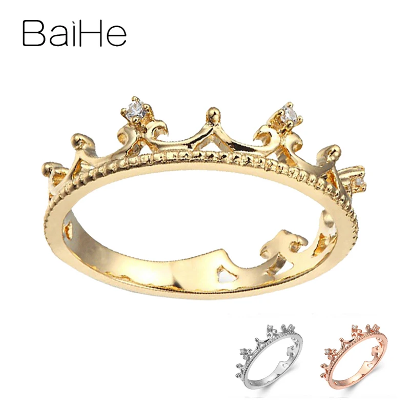 BAIHE Solid 14K Yellow Gold H/SI Natural Diamond Crown Ring Women Trendy Wedding Fine Jewelry Making Anel da Coroa Anillo corona