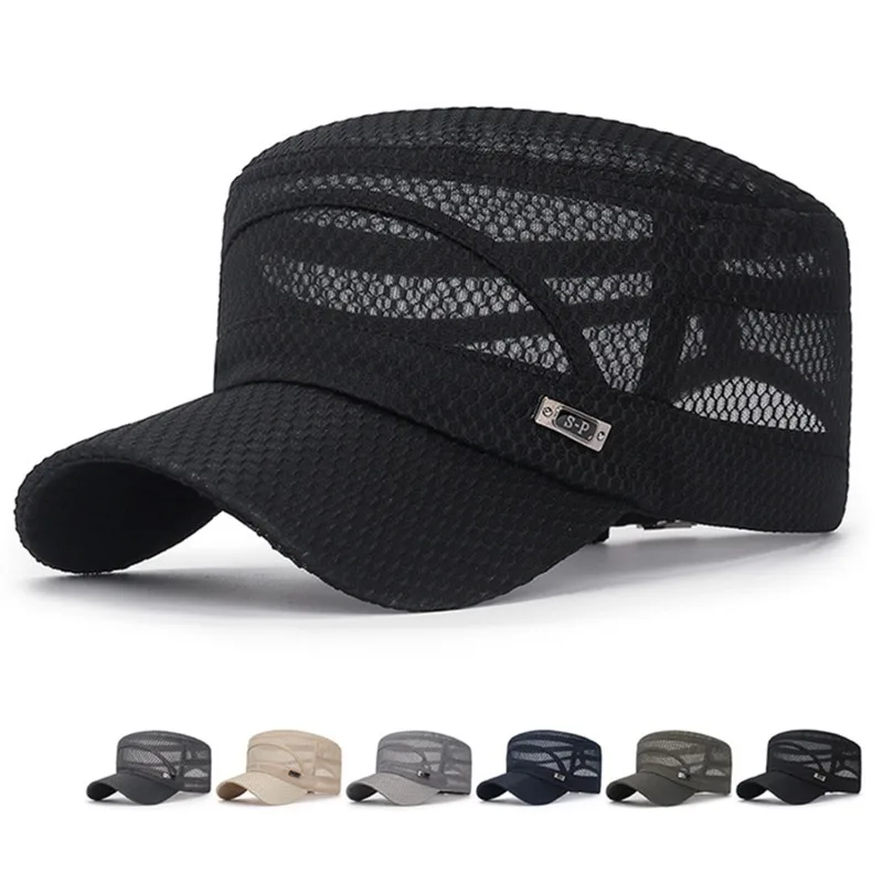 Men Snapback Caps Women Vintage Mesh Flat Top Army Sun Hat Summer Outdoor Cycling Visor Cap Casual Sport Solid Military Cap