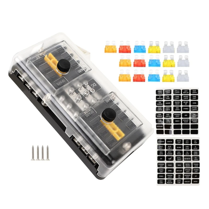 16 Way Fuse Block Blade Fuse Box 12 Circuit Fuse Holder Fuse Block With Negative Bus Dustproof Cover Sticker Labels