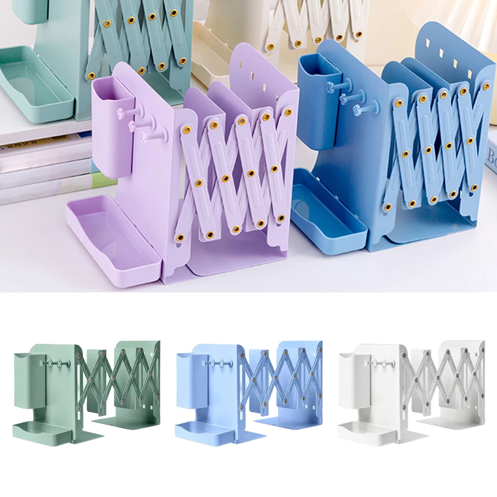 Book Ends 4"-17" Extension Range 3 Dividers Adjustable Metal Book Holders With Removable Pen Holder Tray And 3 Hooks For Desktop