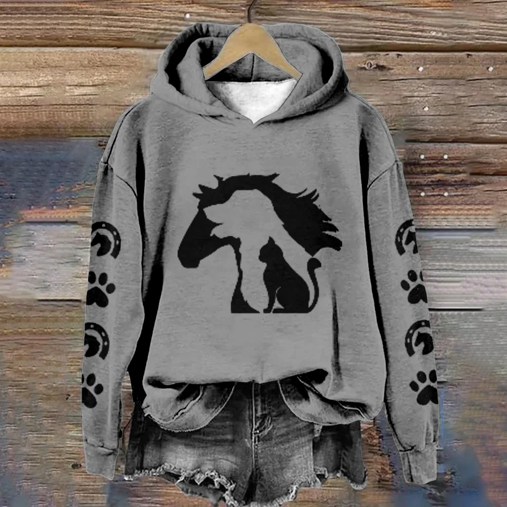 

Fashion Hoodie for Women Horse Dog Cat Print Pullover Harajuku Gray Tracksuit Casual Streetwear