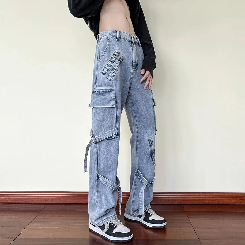 

American Vibe Pants Ins High Street Fashion Brand Black Strappy Jeans Men Straight Slim Zipper Overalls Autumn