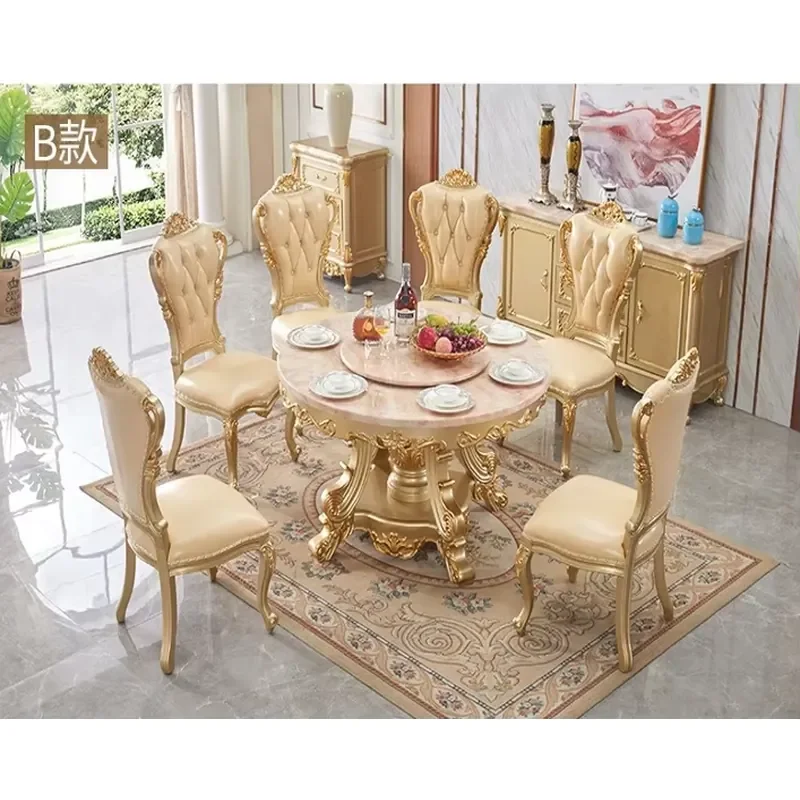 French Royal Classic 6-Seater Dining Room Set Champagne Gold Oval Table Wood Inlay Veneer Leather Chairs view 6