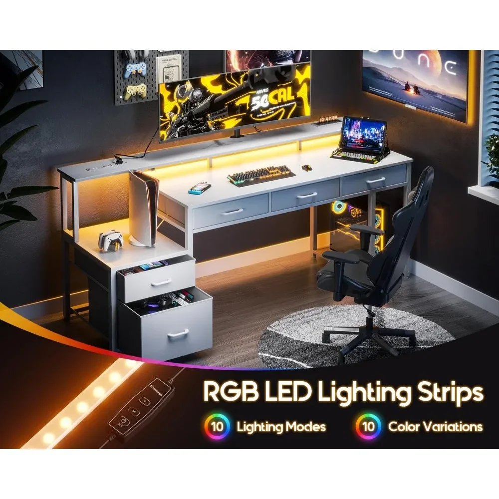 مكتب كمبيوتر مقاس 71 بوصة مع درج ملفات، مكتب مكتب قابل للعكس مع 4 أدراج ومخرج طاقة، شريط LED، مكتب مكتب منزلي مع