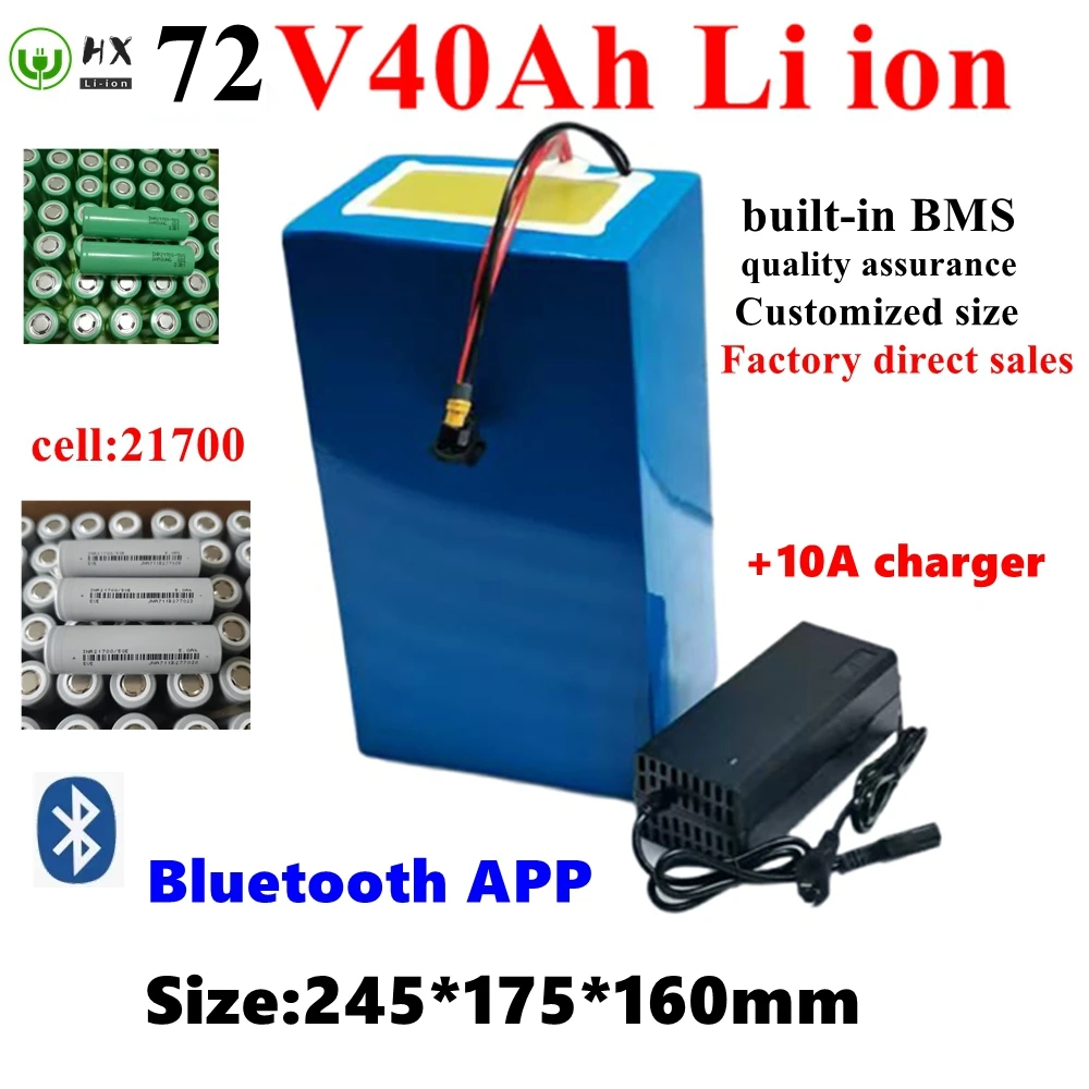 HX-Batterie lithium-ion avec charger 5A, 72V, 40Ah,Bluetooth BMS 20S Movie, 2000W, 3500W, 7000W, scooter, Sicile, Go Cart, motor