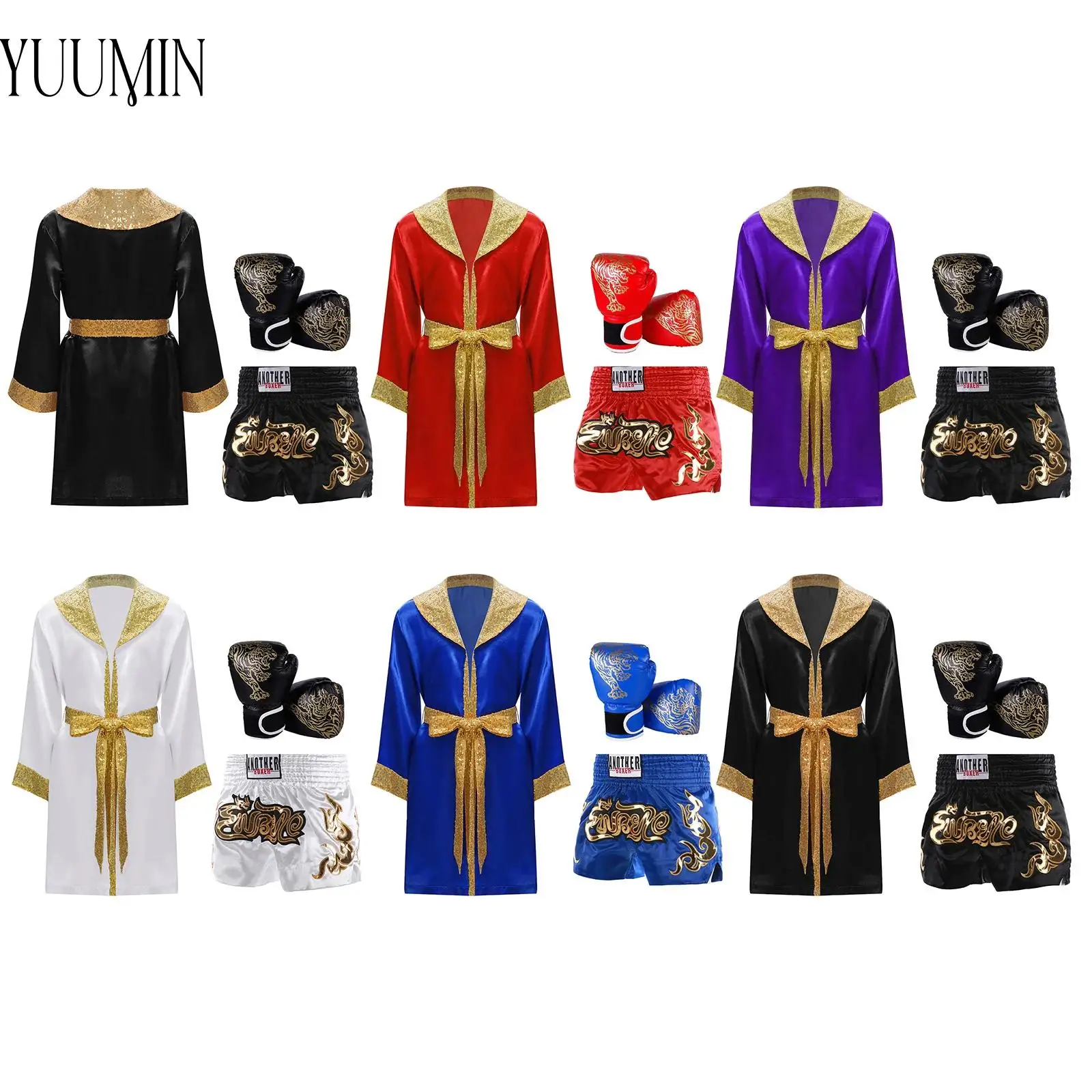 

Kids Boys Boxing Training Outfits Sequins Trim Belted Robe with Satin Shorts And Gloves Sports Set for Halloween Cosplay Party