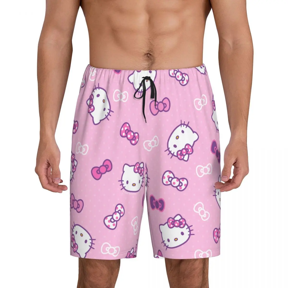 

Custom Print Men's Pink Bow Animated Anime Hello Kitty Pajama Bottoms Sleepwear Pjs Sleep Shorts with Pockets