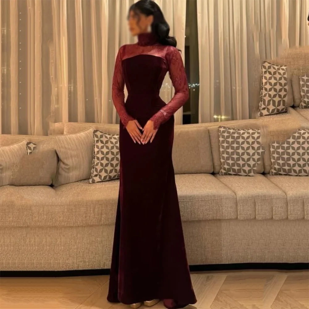 

Бордовое вечернее платье женское с высоким воротником, кружевом, длинными рукавами, прямого кроя, А-силуэт, в пол, для выпускного вечера, для ужина, новинка 2026