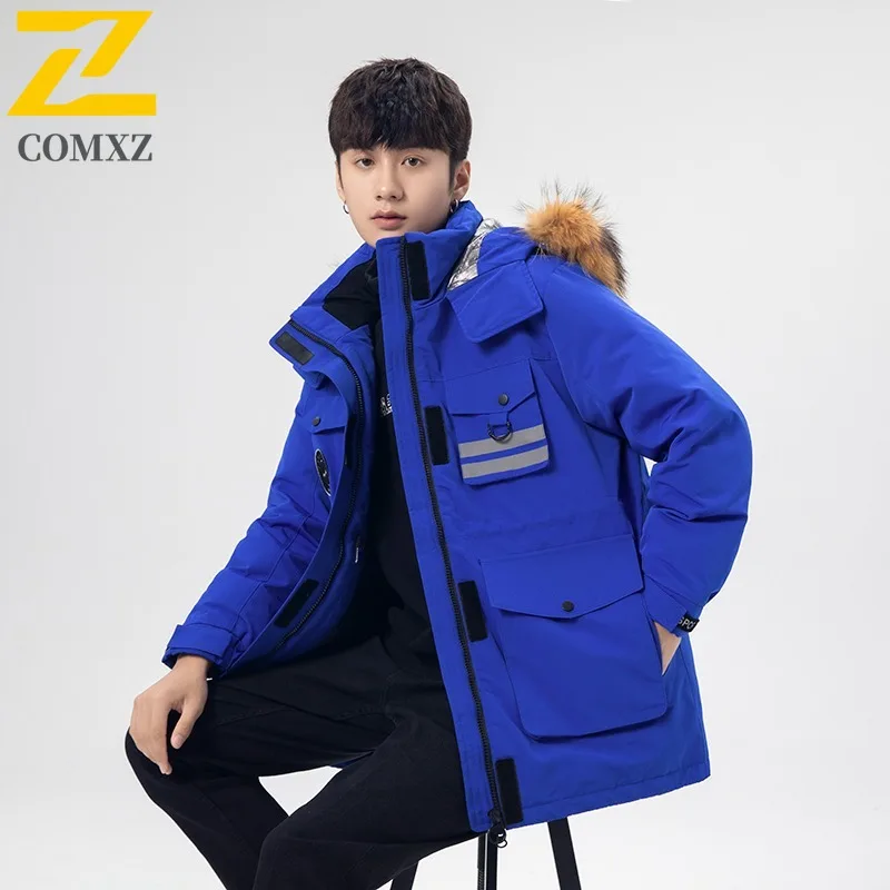 

COMXZ Men's Down Jacket Multi-Pocket Style Trip Windproof Snow Activity Puffer Jacket Street Look Plus Size Loose Winter Jacket