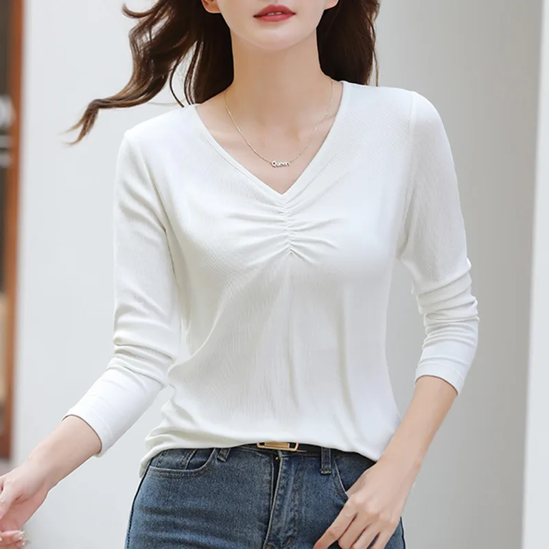 

Spring Autumn Women's Pullover V-Neck Solid Shirring Folds Long Sleeved T-shirt Slim Undershirt Fashion Casual Office Lady Tops