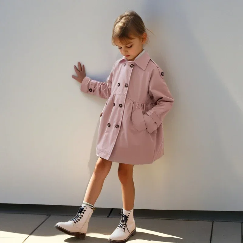 Girls Trench Coat Jacket Khaki Fashion Double Breasted Princess Outerwear for Kids 7 To 14 Y Autumn Children Mid-length Jacket