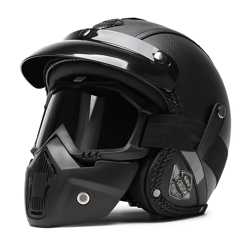 

Retro Harley Motorcycle Helmet 555-Black Leather Face Mask Windshield Four Seasons Cruising Motorbike Three Quarters Helmet