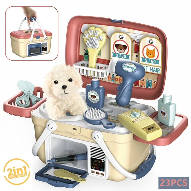 Fingir jogar filhote de cachorro pet care playset com cão de pelúcia para crianças médico jogar kit veterinário brinquedos para crianças meninas