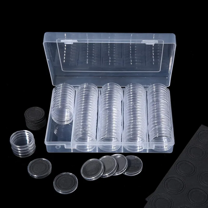 100Pcs 17/20/25/27/30mm Coin Capsules with Foam Gasket and Plastic Storage Organizer Box 5 Sizes Coin Collection Holder Case