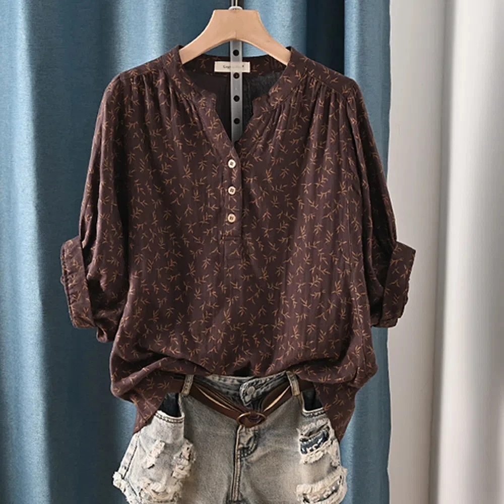 100% Cotton Yarn Casual Shirt Women Bat Sleeve Stand Collar Printed Top Girl Ladies Tops OL Loose Blouses Summer Clothes
