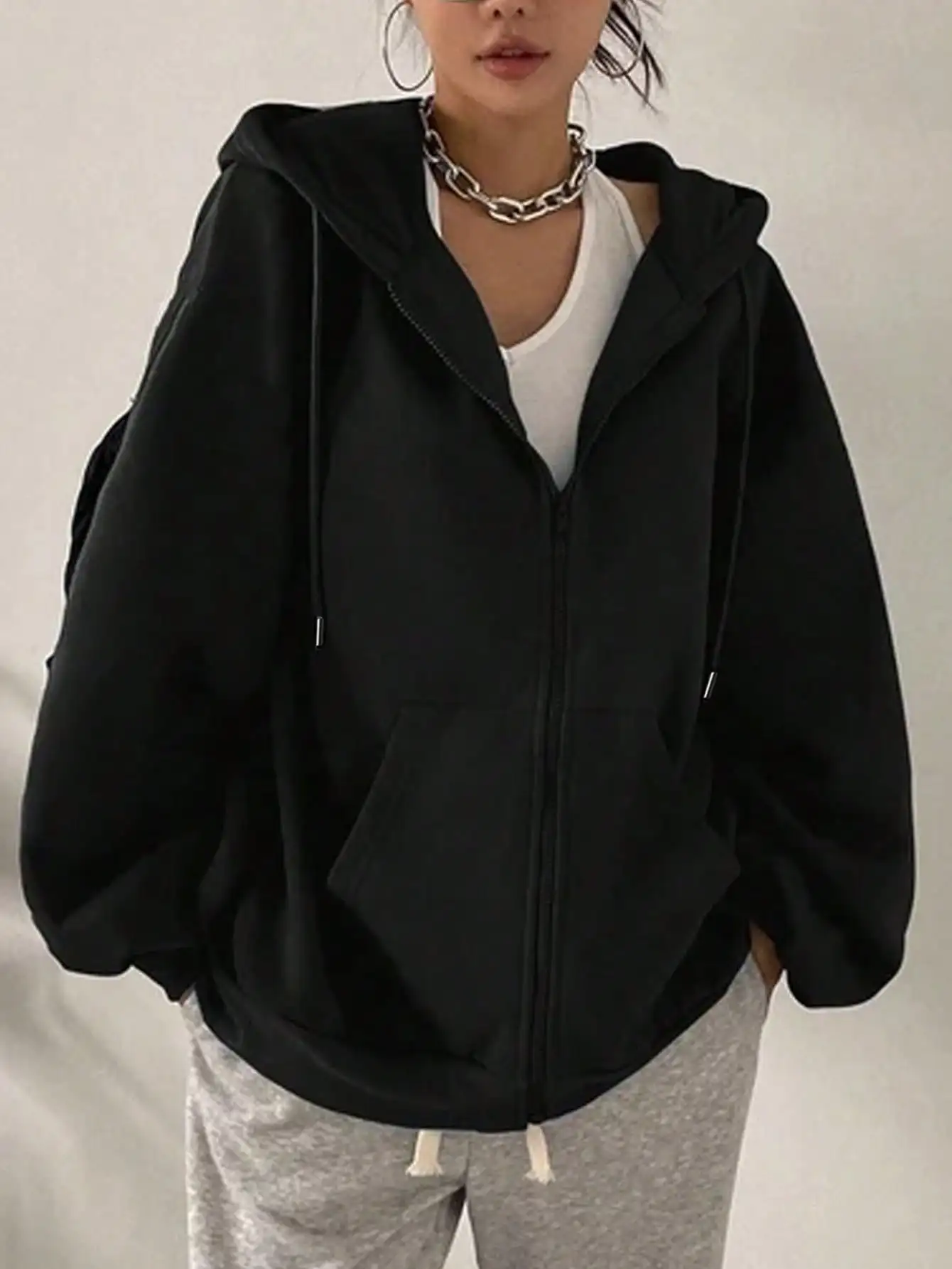 

Женская черная толстовка оверсайз на молнии с капюшоном и шнурком, повседневная уличная одежда для весны и осени