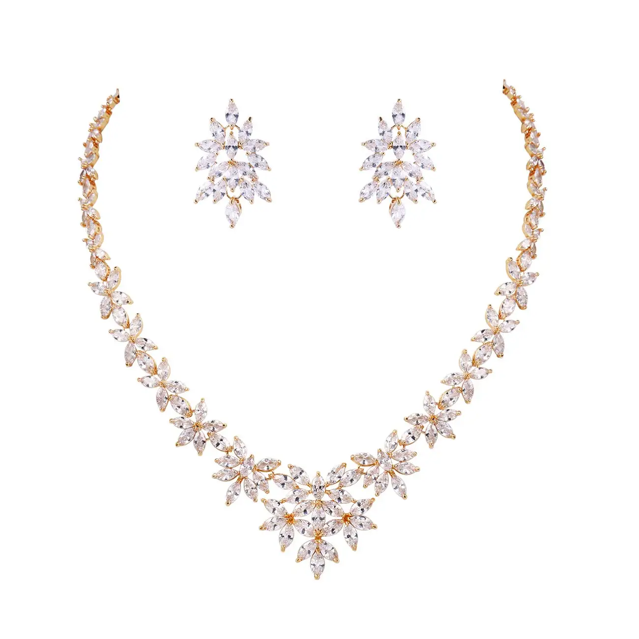 WEIMANJINGDIAN Brand Luxury Marquise Cut Cubic Zirconia Cluster Wedding Necklace and Earring Bridal Jewelry Set