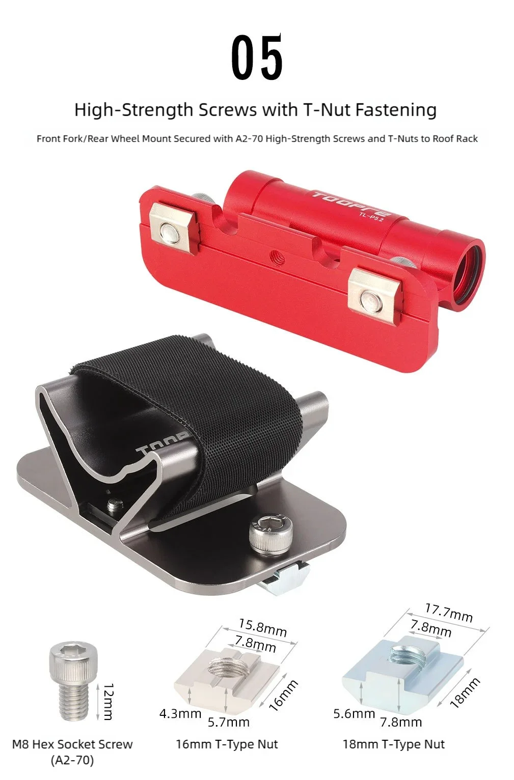 TOOPRE Fahrrad-Vordergabel- und Hinterrad-Halterung für Autodach, Transporthalterung für Schnellspanner/Steckachse, Rennrad- und MTB-Fahrrad-Parkhalterung – Detail 13