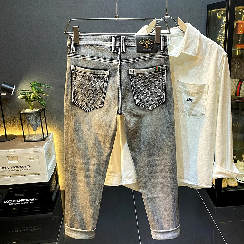 2024 new spring and autumn fashion printed jeans men's pencil pants high-end casual slim fit long skinny pants