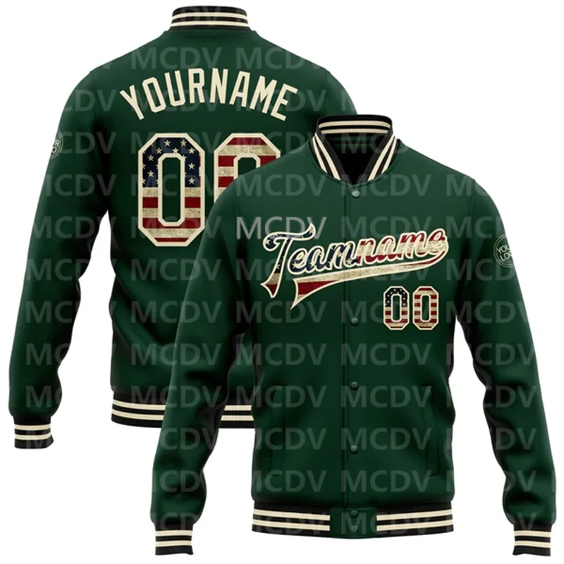 

Custom Green Vintage USA Flag Or-Black Bomber Full-Snap Varsity Letterman Jacket Baseball Button Jacket