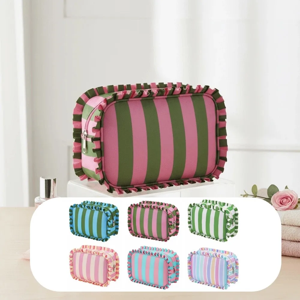 Ruffle Decoration Striped Cosmetic Bag Colorful Oxford Striped Makeup Organizer Zip Top Portable Women's Makeup Case