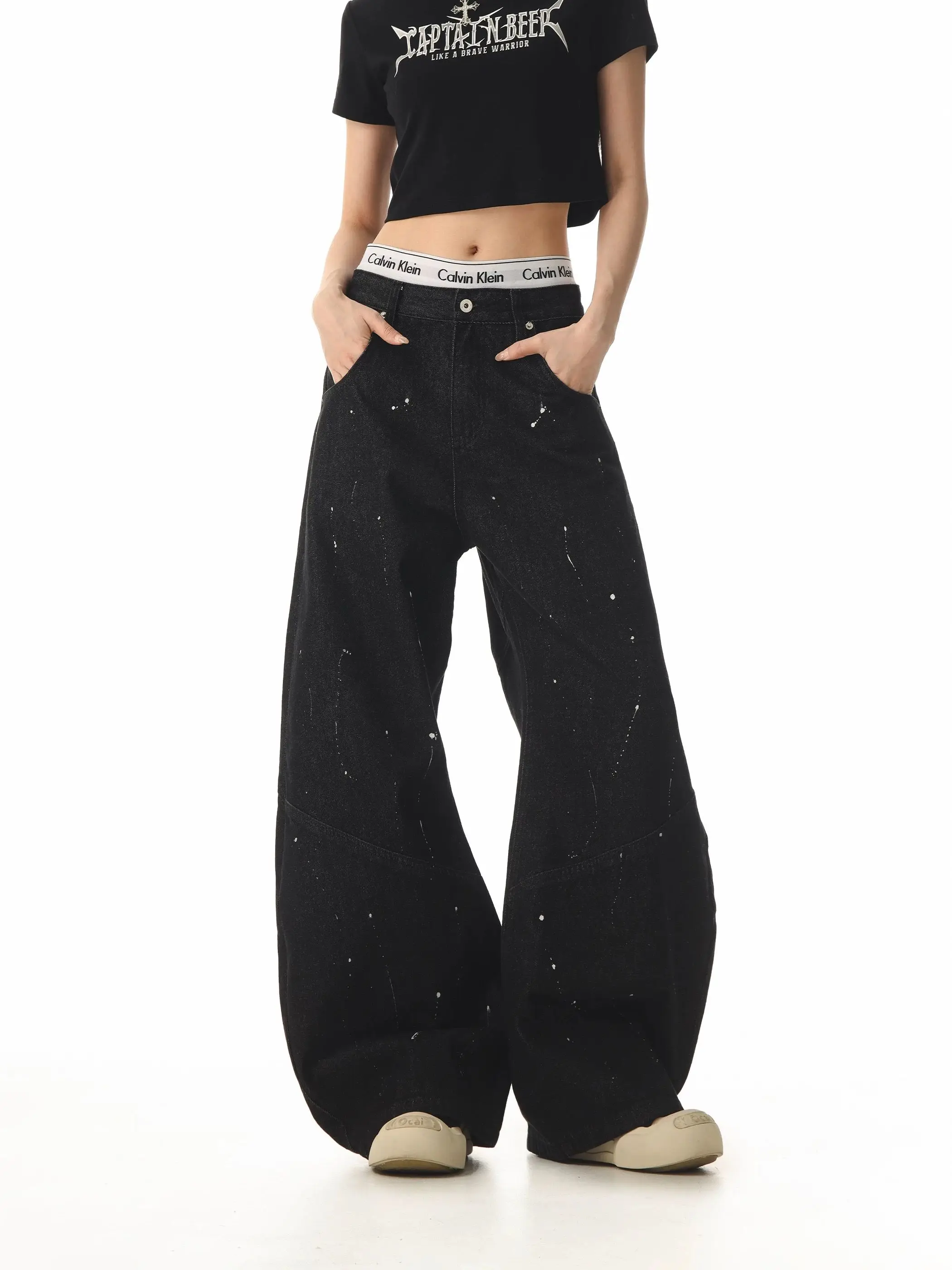 Ins American Simple Basic Women Jeans Fashion Street Loose Woman Jeans Casual Black High Waist Jeans Female Chicly