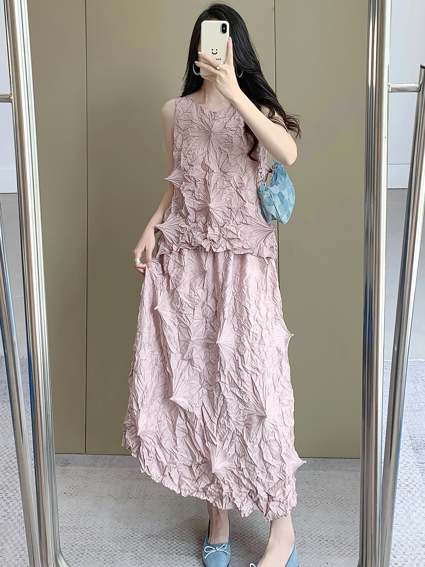 

Handmade High Waist A-Line Skirt And Top Set Women's Early Summer New Arrival Pleated Casual Style Polyester Fiber T-Shirt