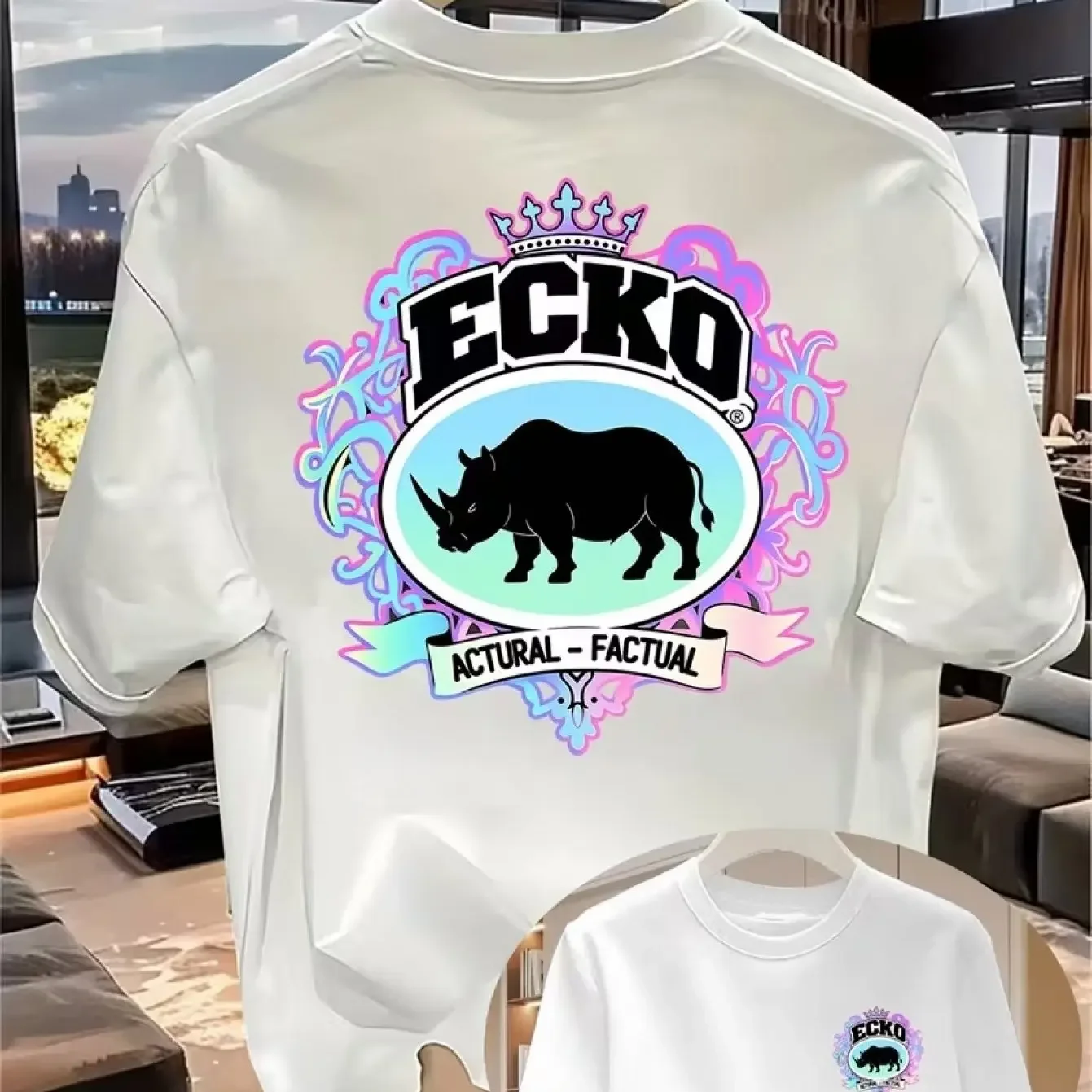 Men White Front Back Print T Shirt Gradient Neon ECKO Crown Rhino Logo Oversized Hip Hop Casual Tee