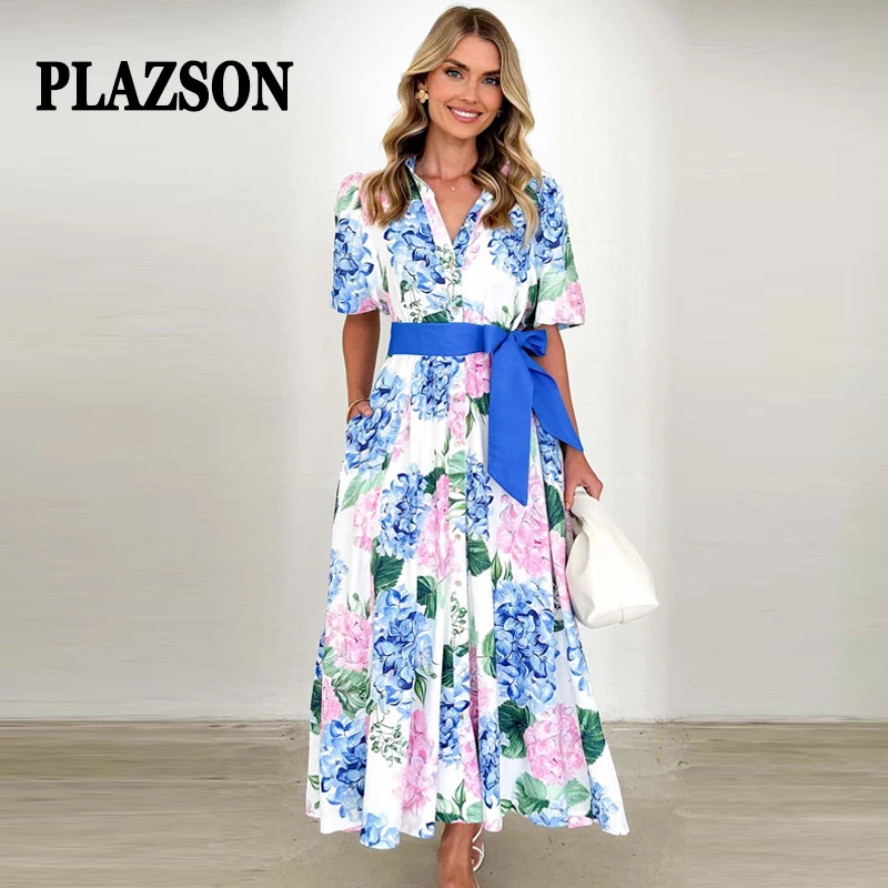 

PLAZSON Women Boho Floral Print Holiday A-line Dresses 2025 New Spring Summer Shorts Sleeve Vacation Beach Dress Belted Vestidos