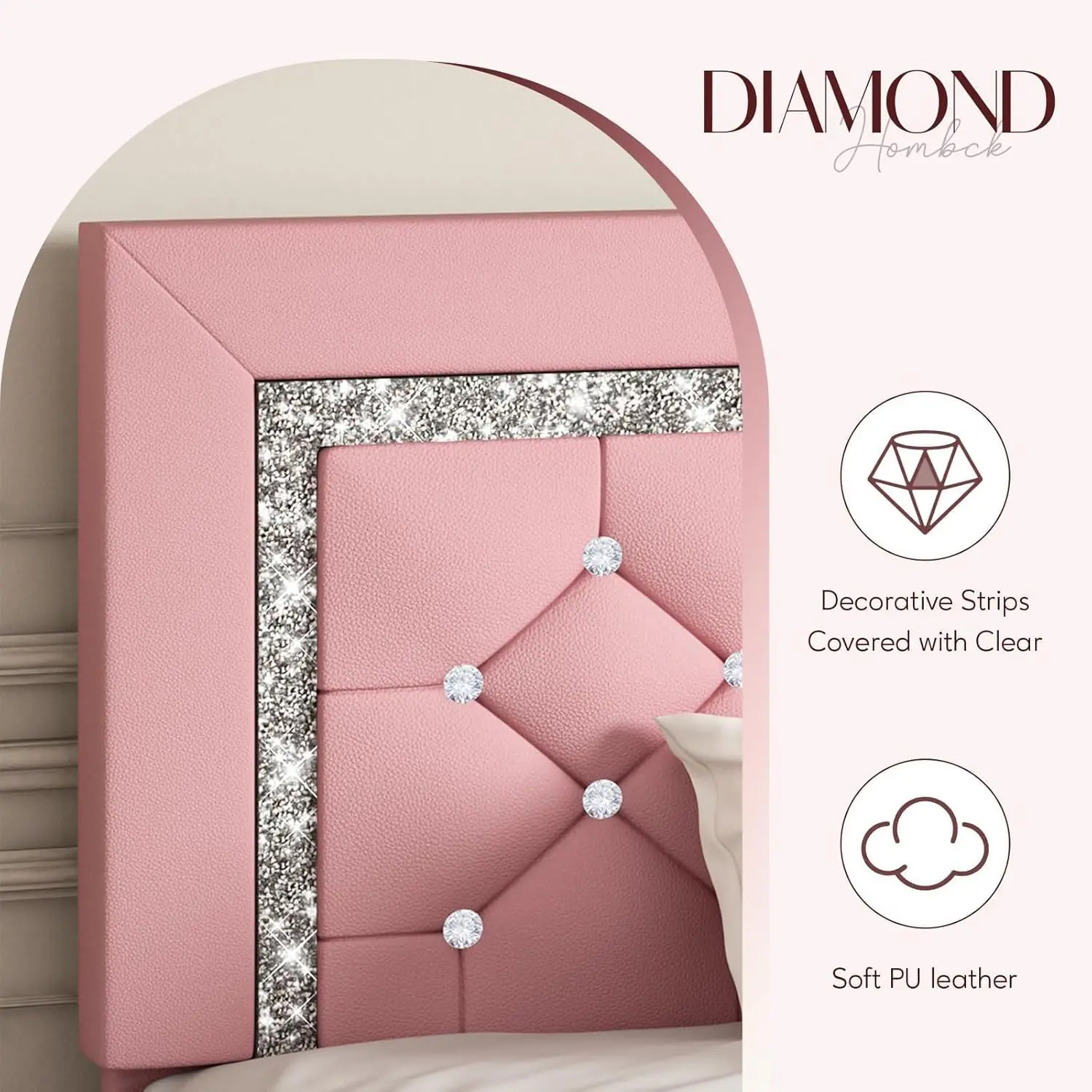 Estrutura de cama de solteiro, estrutura de cama estofada rosa tamanho duplo com cabeceira capitonada de diamante, estrutura de cama de solteiro para meninas com couro sintético