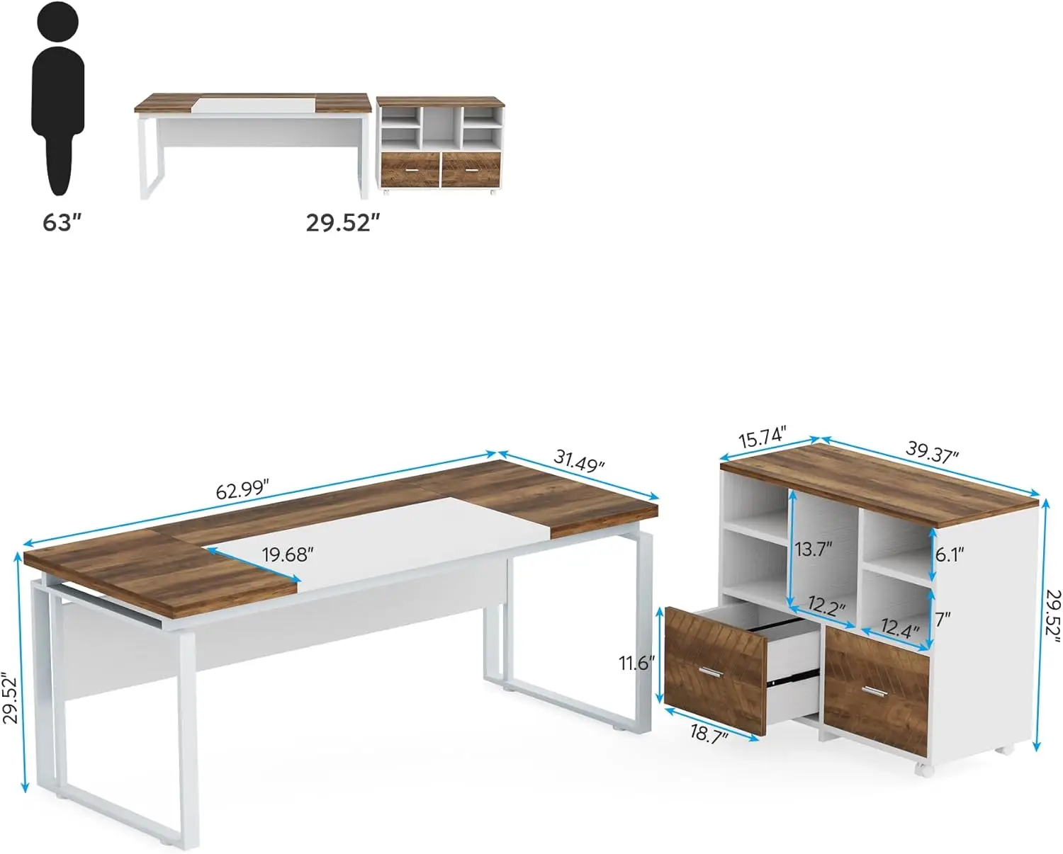 Tribesigns L-Shaped Executive Desk with Reversible File Cabinet, 63