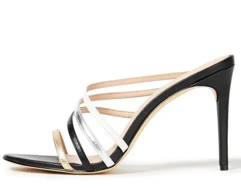 

White Sliver Black Gold Narrow Band Cross Strap Round Open Toe Slip On Thin Heels Modern Slippers Women Concise Slide Sandals