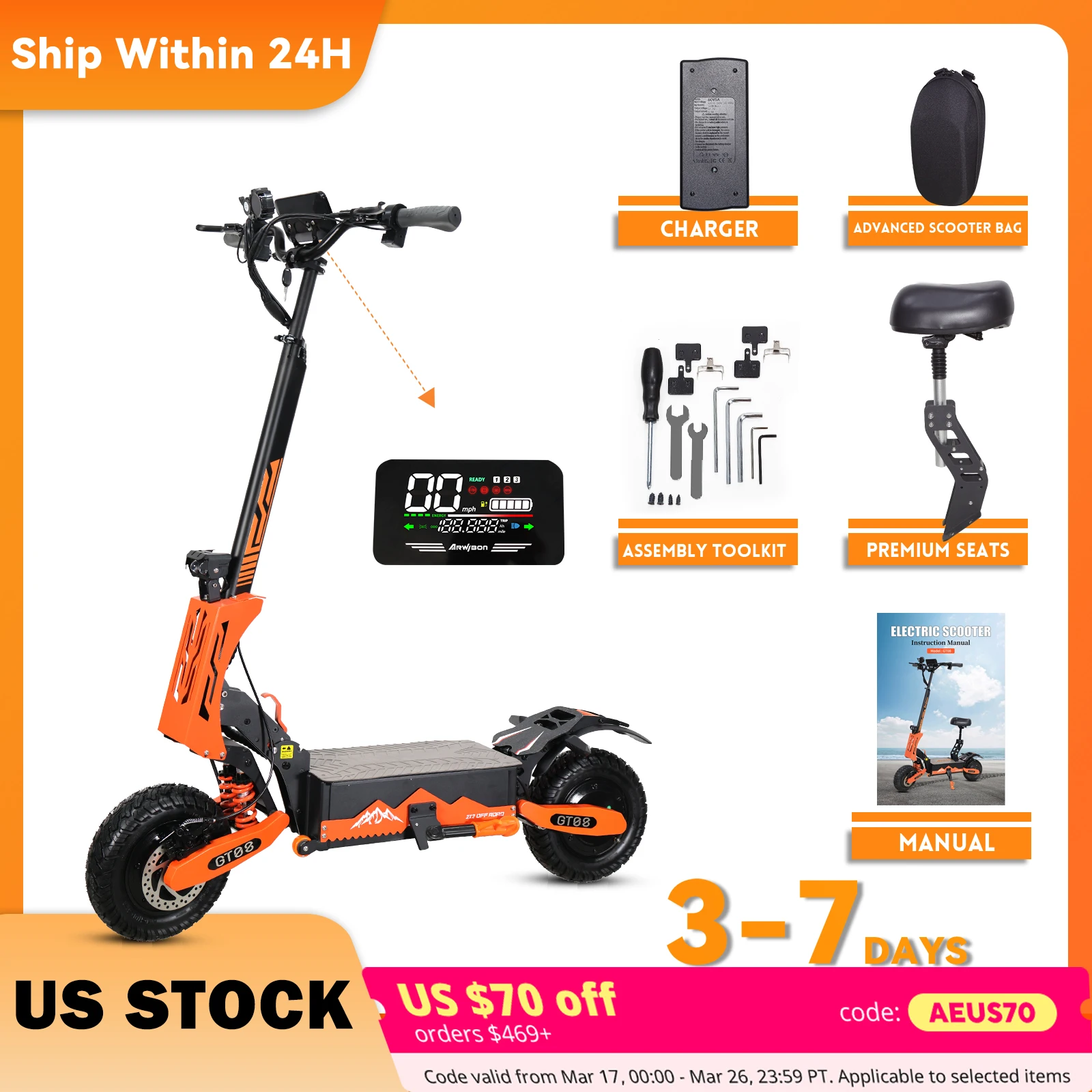 Arwibon 5600W Adult Electric Scooter Dual Motor Top Speed 50MPH,60V27AH, 11-inch Off-Road Tires Sport Folding eScooter with Seat