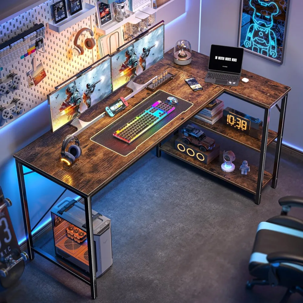 مكتب ألعاب على شكل حرف L مقاس 55 بوصة، أرفف تخزين قابلة للعكس، مثالية للمكتب المنزلي والكتابة والدراسة وزاوية الألعاب #6