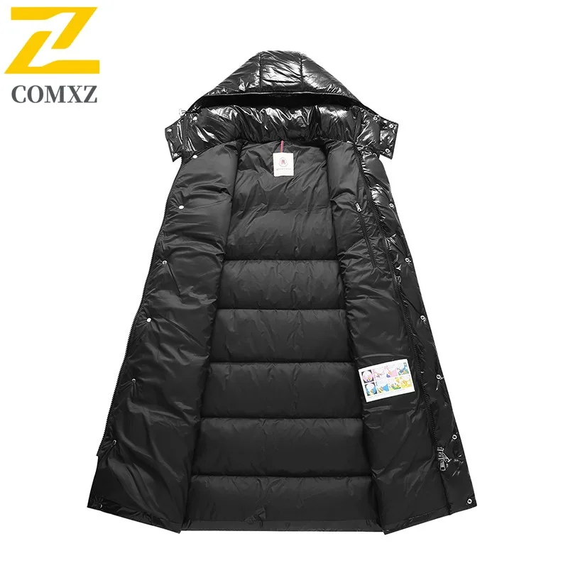 COMXZ 2025 Men Long Glossy Leather lightweight windbreaker  Winter New Youth Thickened Cold Proof Thermal outdoor Hooded Coat
