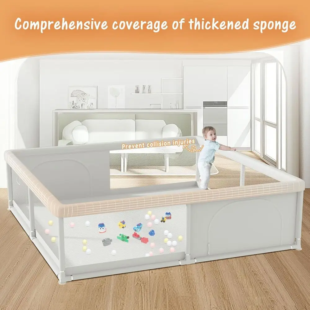 特大79ベビーサークル、ジッパー式ゲート付き、屋内外使用可能、メッシュ壁と滑り止めベース