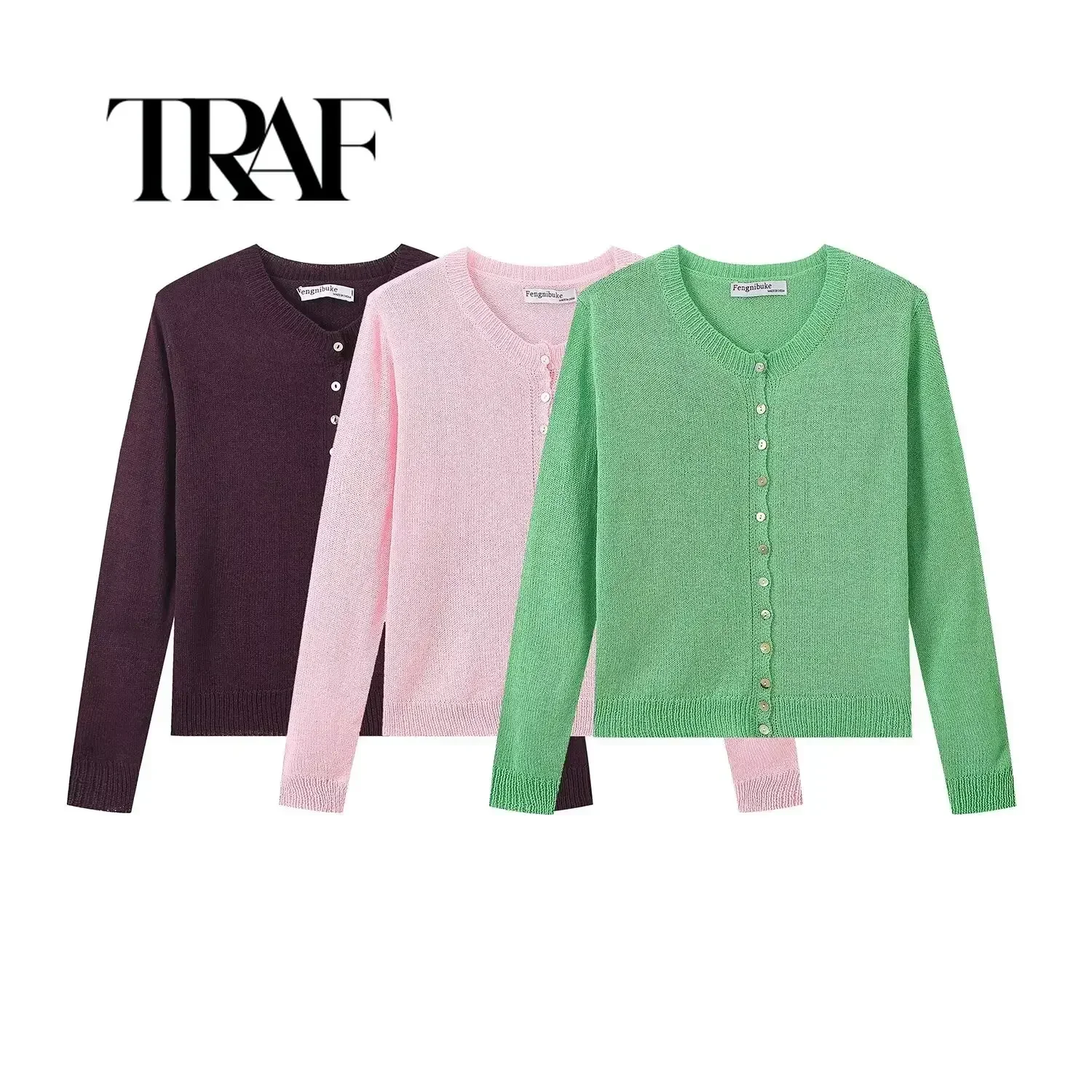 TRAF Thin Knitted Women Cardigan Autumn Long Sleeve Single Breasted Short Sweater Jacket Y2K Crop Top 2756/104