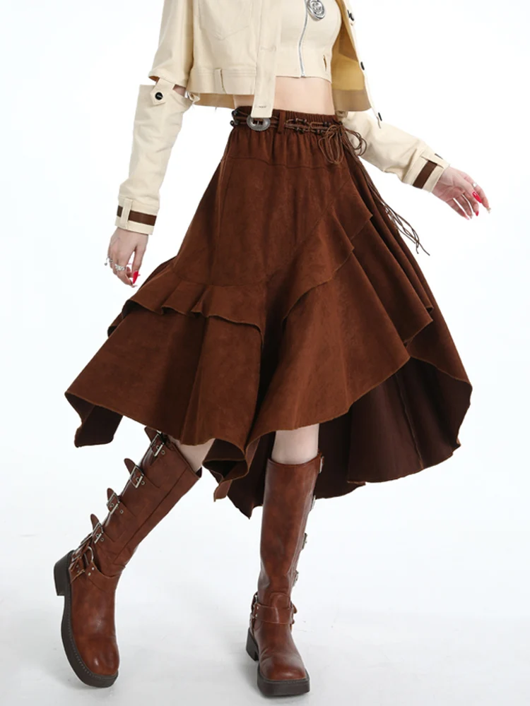 

Retro American Brown Suede Asymmetrical Skirt Women's Spring n Lace A-Line Pleated Skirt High Waist Elastic Waist