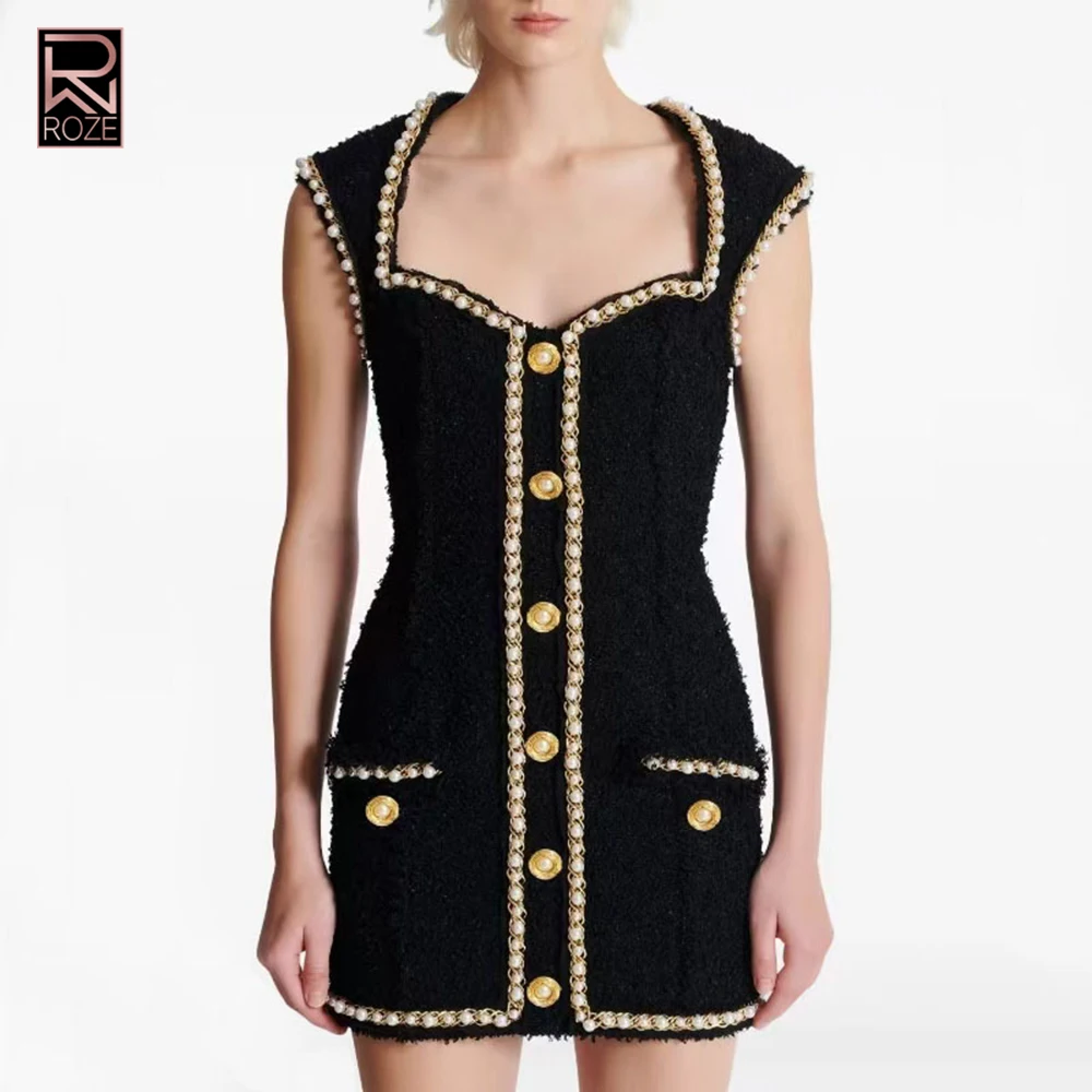 럭셔리 진주 체인 숏 트위드 드레스 여성 싱글 브레스티드 장식 민소매 슬림 미니 드레스 여성 이브닝 파티