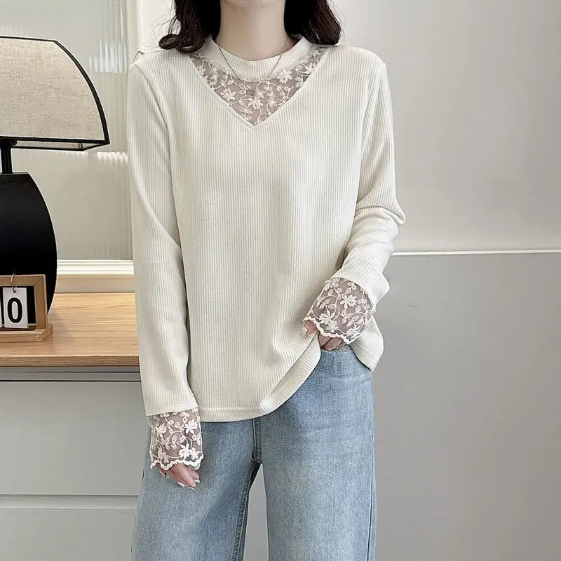 

Women's Hollow Long-sleeved T-shirt Autumn Winter Inner Layering Shirt to Cover Belly Slimming Top