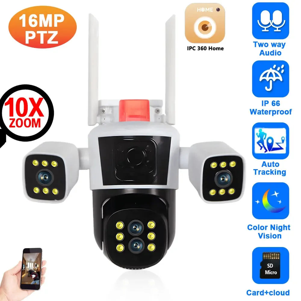 10X Zoom 4K 16MP Wifi IP Camera Outdoor Four Lens PTZ Security Camera Auto Tracking Wireless CCTV Video Surveillance System P2P