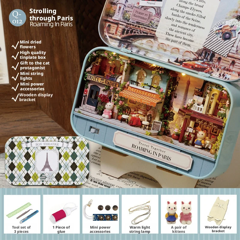 OUZEY Kotak Kayu 3D DIY - Tema "Karnaval Cahaya Bintang", "Mimpi Floral", dan "Jalan-jalan Paris", Hadiah Kerajinan Miniatur