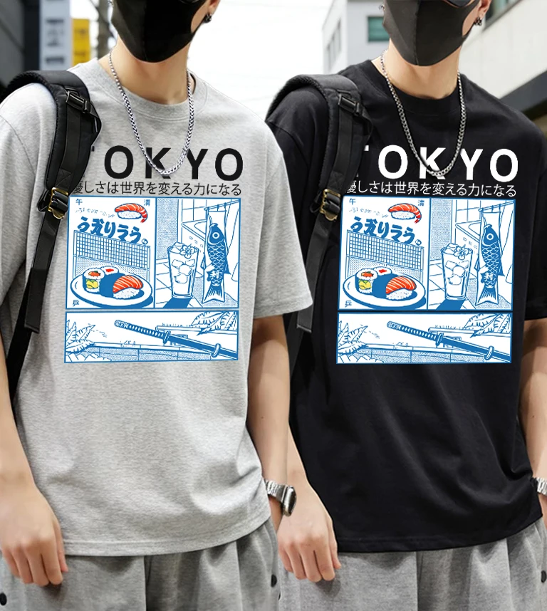 

Мужской летний тонкий хлопковый комплект из 2 предметов: футболка с принтом «Суши в Токио» и шорты. Молодежный пляжный комплект в стиле хип-хоп, уличный стиль, короткий рукав.