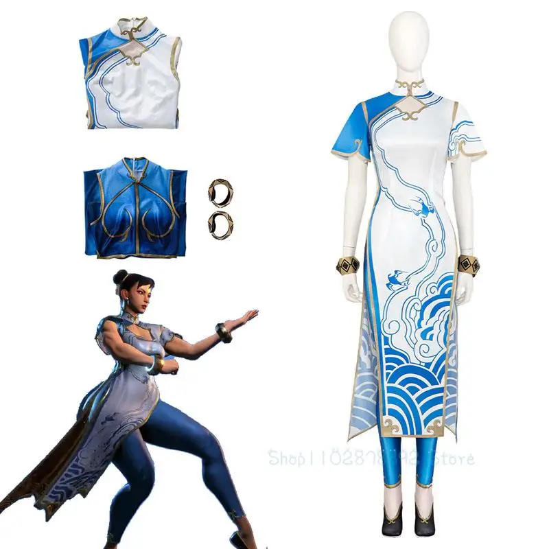 

Платье для косплея Chun Li, костюм Qipao, игра SF, синяя юбка для ролевых игр, наряд Chun Li, женские сексуальные комбинезоны, маскировочный костюм для Хэллоуина