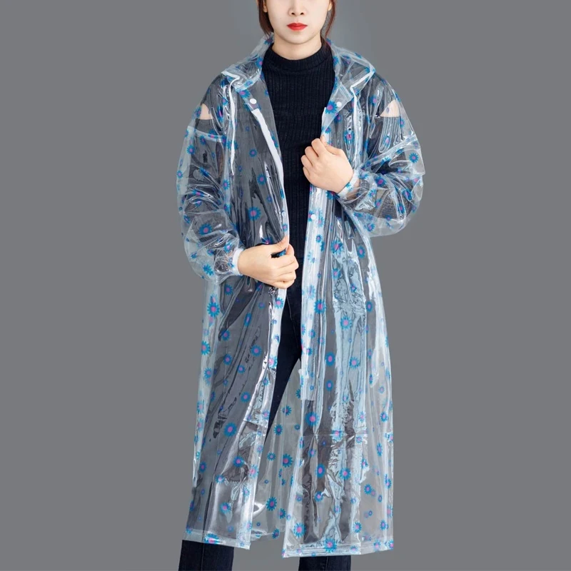

Fashion PVC Transparent Printed Loose Plastic Hooded Zipper Raincoat Outdoor Hiking Waterproof Rain Coat Poncho For Men Women