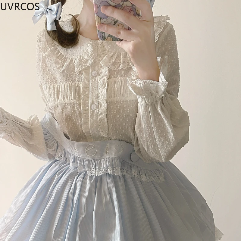 Kawaii Lolita bluzki damskie słodkie słodkie kołnierz piotruś Pan koronkowe falbany bawełniane koszule Top Vintage elegancka, długa rękawy Blusas