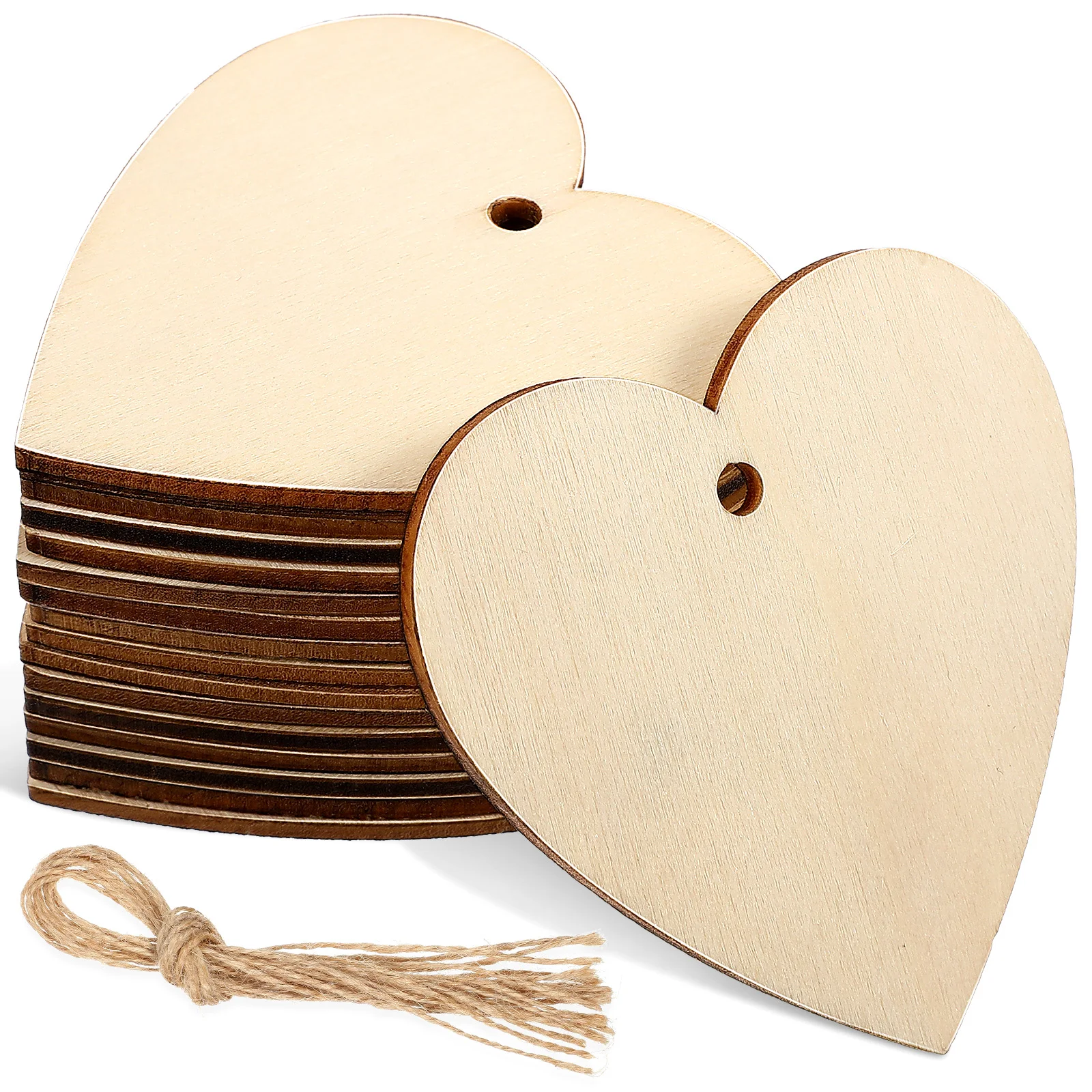 

Wooden Heart Shaped Ornaments Unfinished Craft Blanks DIY Projects Valentine Decor Rustic Wood Cutouts Hanging Ropes Smooth