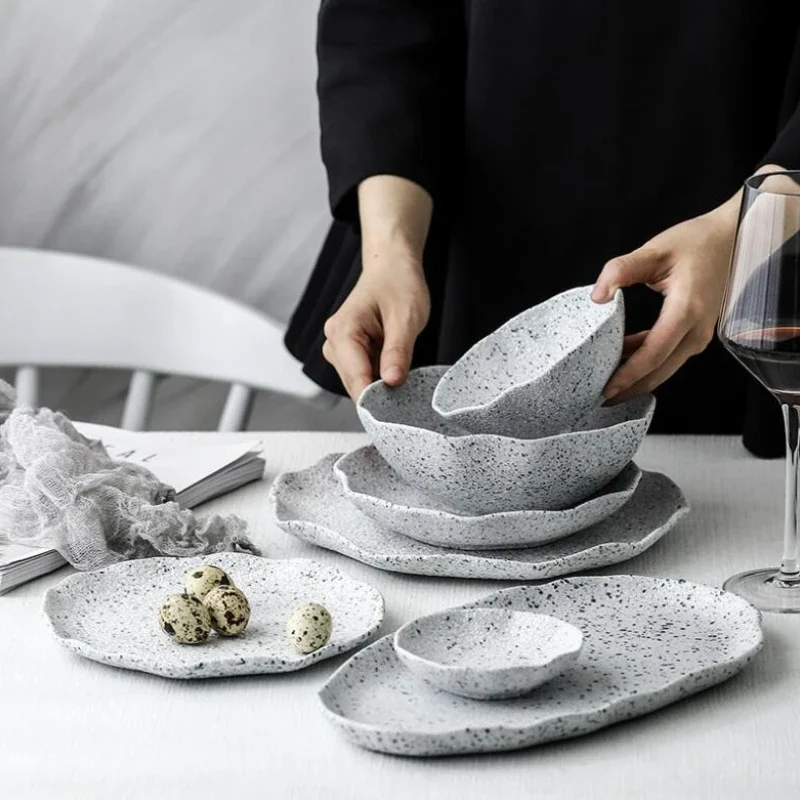 

Granite Imitation Granite Tableware Creative Ruffled Ceramic Irregular Tableware Hotel Special-shaped Plates Family Dishes Set