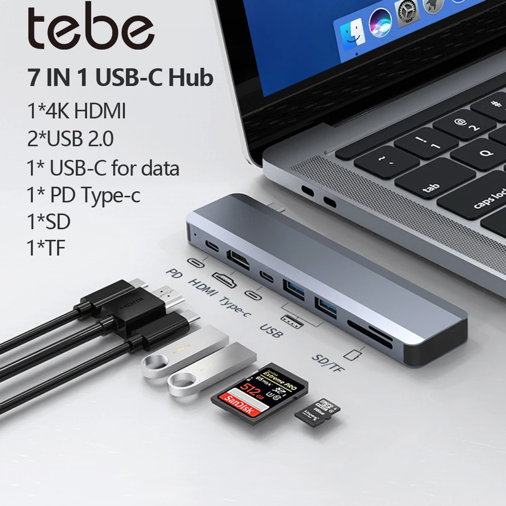 

Tebe 7 В 1 Адаптер-концентратор USB-C Type-c на 4K HDMI-совместимый разветвитель данных USB 2.0 Устройство чтения карт SD TF Многопортовый концентратор USB C для Mac